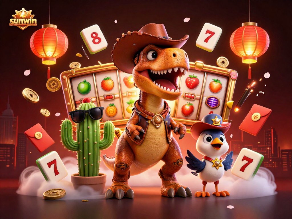 Experience winning thrills with sunwin's colorful casino adventure featuring a dino cowboy and joyful slot reels.