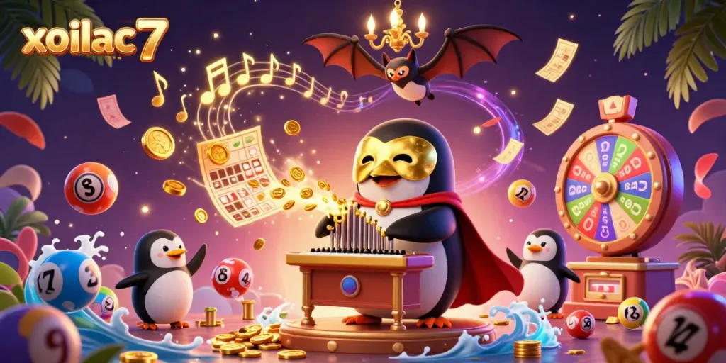 Xoilac 7 showcases fun with a cartoon penguin playing music while gold coins and lottery balls swirl around.