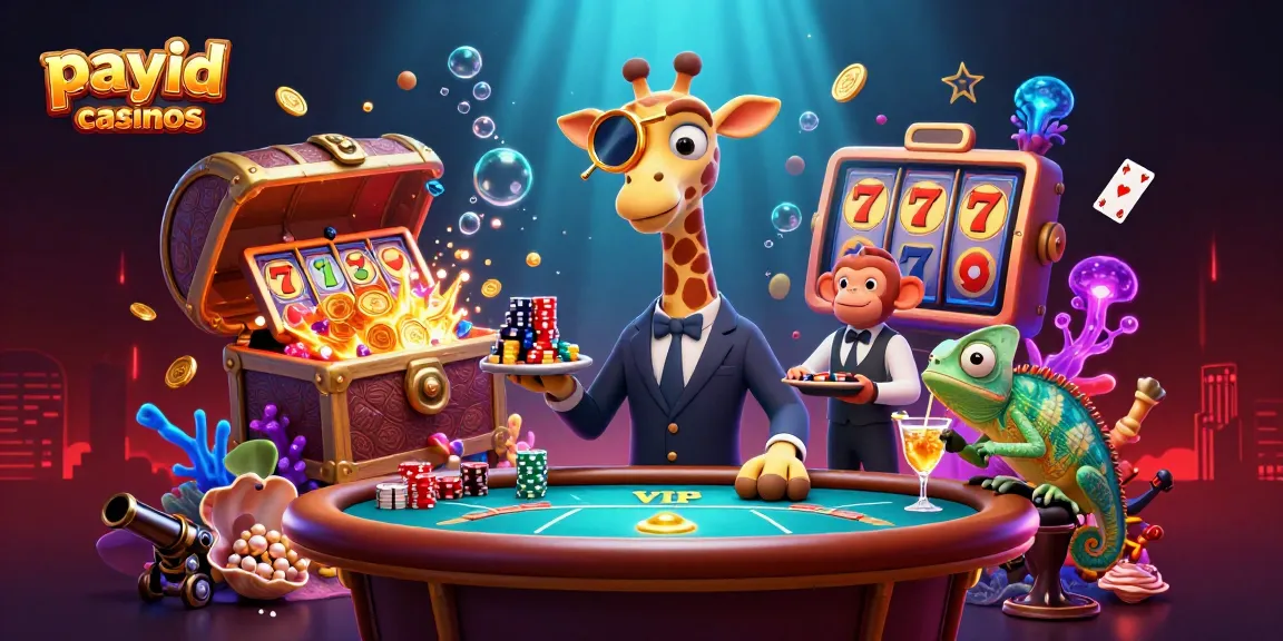 Experience exciting gameplay at payid casinos, featuring a giraffe dealer, a monkey valet, and vibrant game elements.