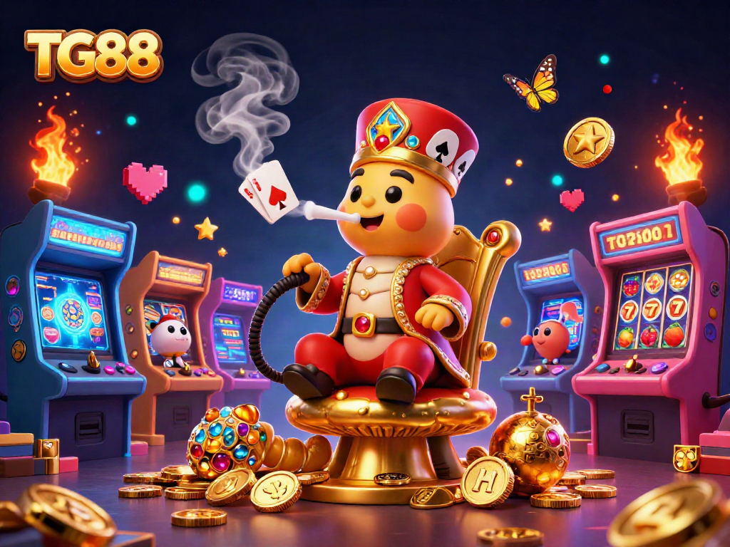 Experience TG88's vibrant casino scene with colorful gaming elements and a whimsical caterpillar master.