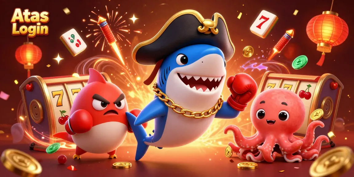 Experience Atas Login with a vibrant 3D pirate casino scene featuring characters and symbols.