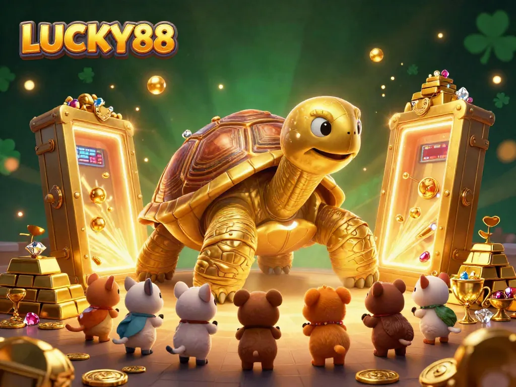 Experience LUCKY88 with a colossal tortoise pinball machine amidst treasures and gems.