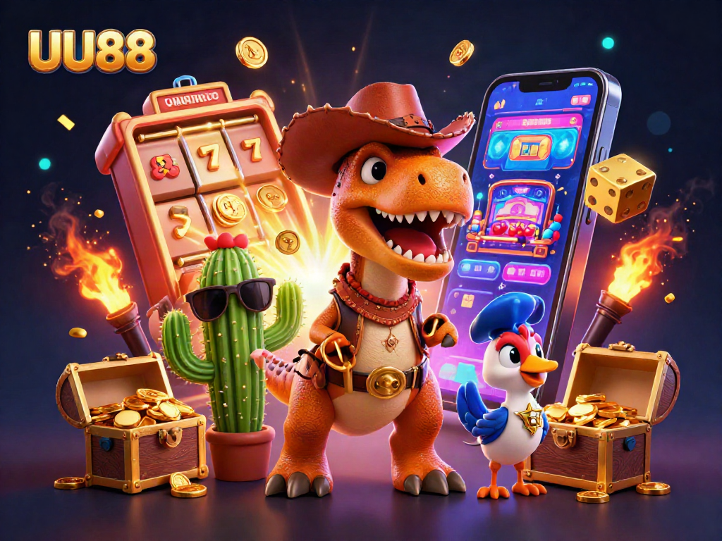 Spin to win with UU88 in this vibrant casino scene featuring a T-Rex and friends.