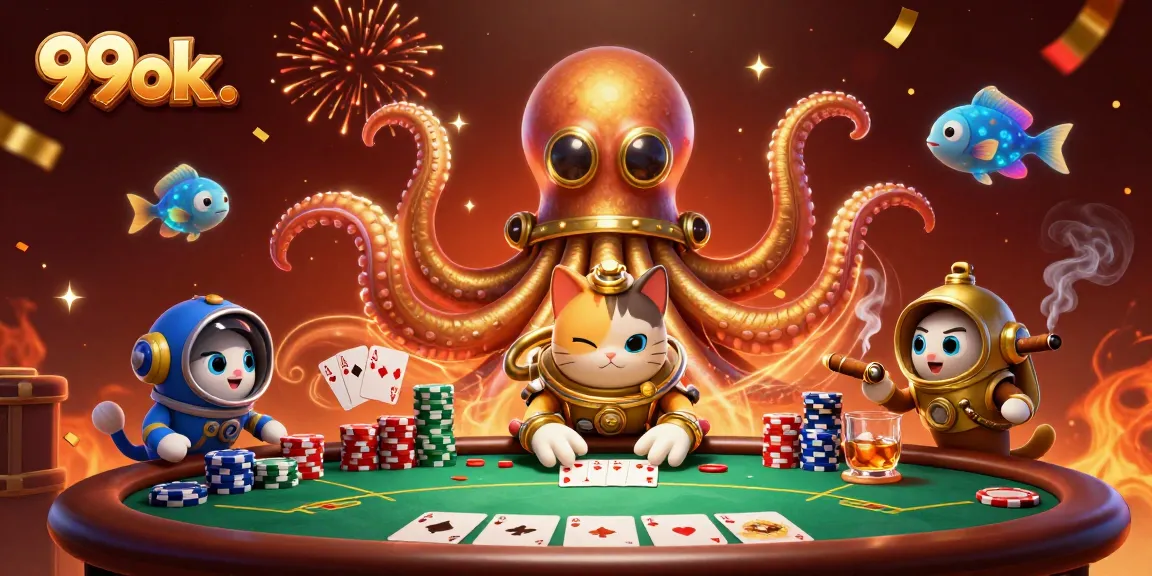 Experience the thrill of gambling with 99ok. at this vibrant casino scene featuring a kraken and diving cat.