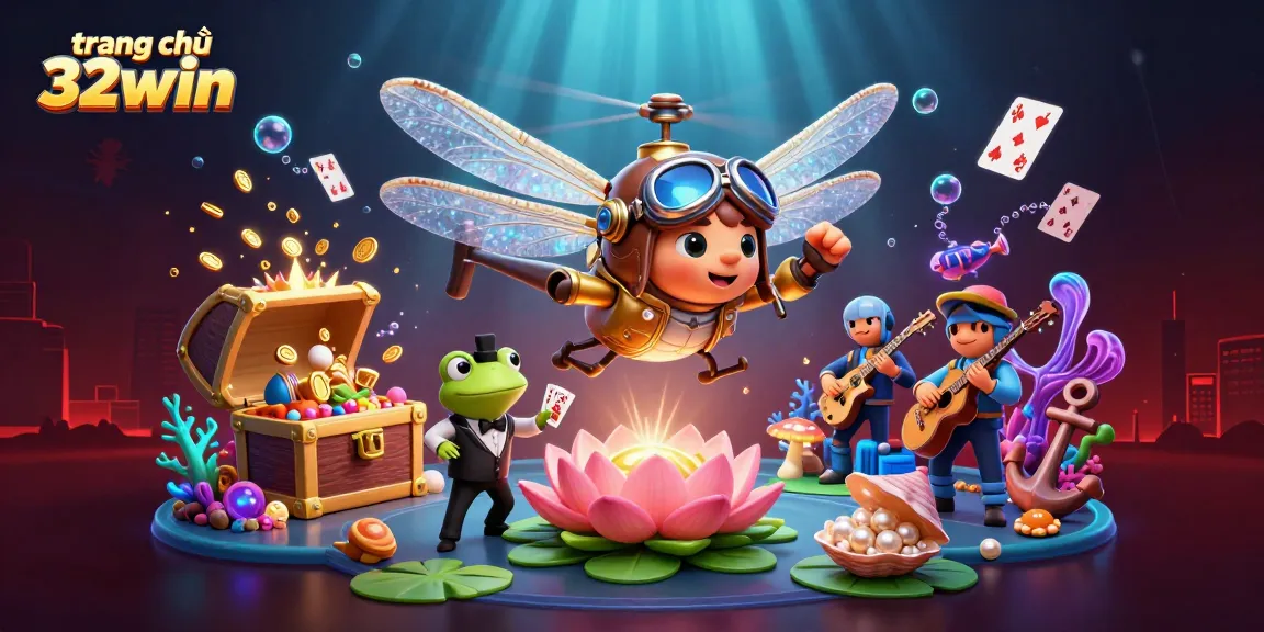 Engage with the lively scene at trang chủ 32win featuring an animated casino with a dragonfly pilot, frog dealer, and vibrant undersea treasures.