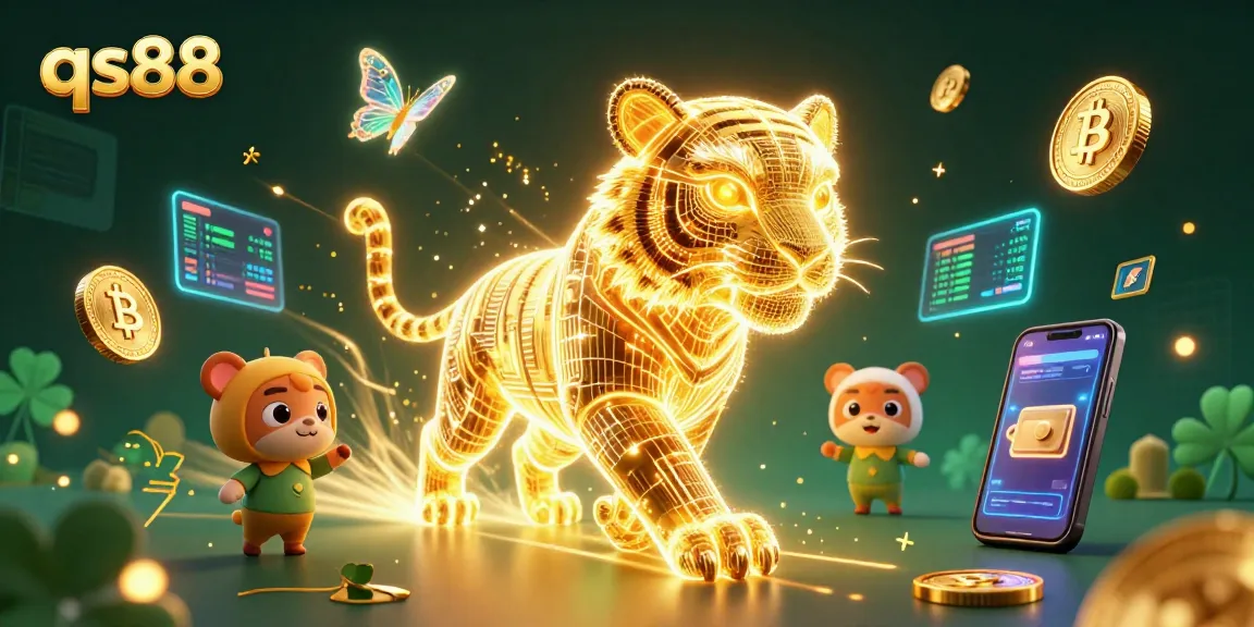 Experience the excitement of qs88 with a neon golden tiger and crypto elements in a vibrant digital casino.