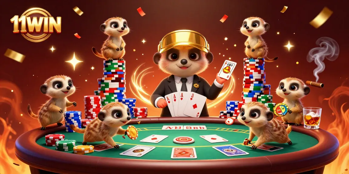Engage in thrilling poker at 11WIN with meerkats orchestrating a lively casino atmosphere.