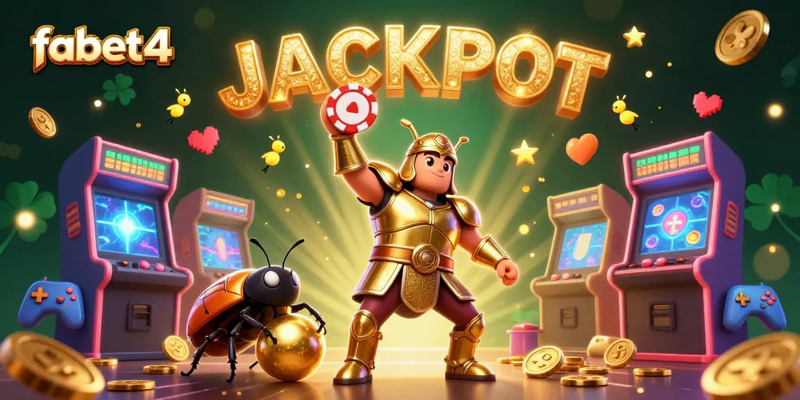 Engage with fabet4's thrilling casino scene showcasing a hercules beetle in gladiator armor lifting a poker chip amidst vibrant gaming elements.