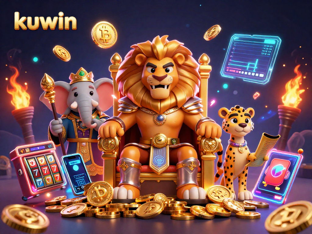 Kuwin players engage in thrilling slot games with a vibrant lion king, wise elephant, and swift cheetah.