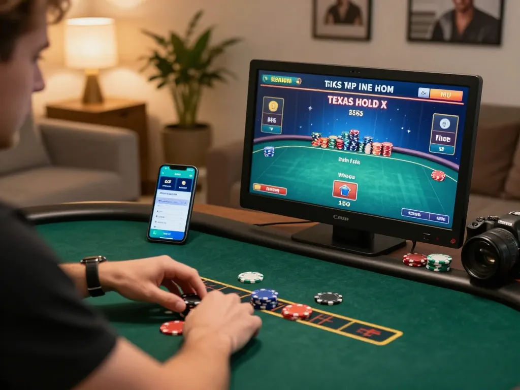 CM88 player engaging in strategic online poker gameplay from home, showcasing chips and digital interface.