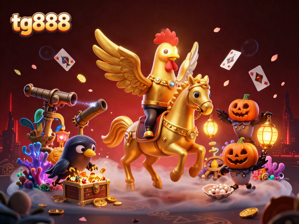 Experience the thrill of tg888 as a golden rooster ventures through a mystical casino scene.
