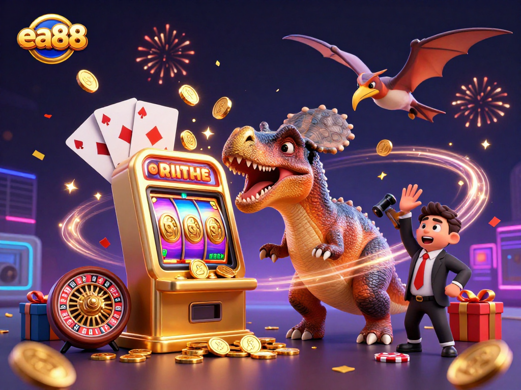 ea88 features a cartoon dinosaur winning jackpots at a colorful casino scene with coins and cards.