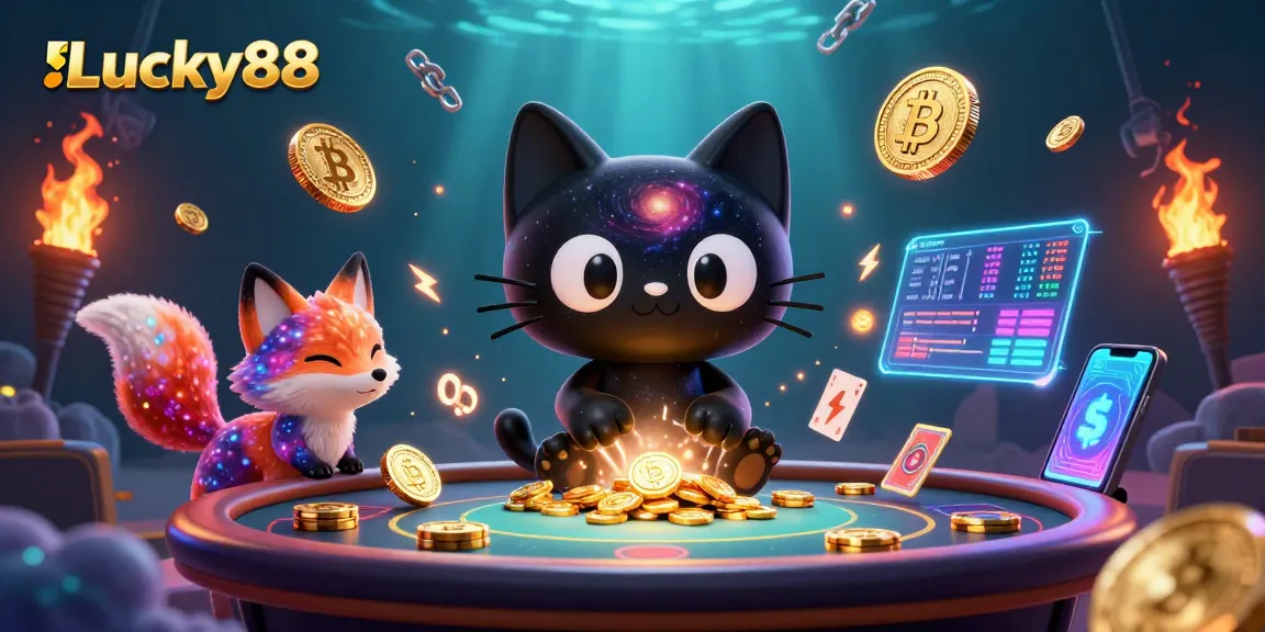 Experience winning moments at Lucky88 with vibrant casino adventures featuring cosmic characters and cryptocurrency elements.