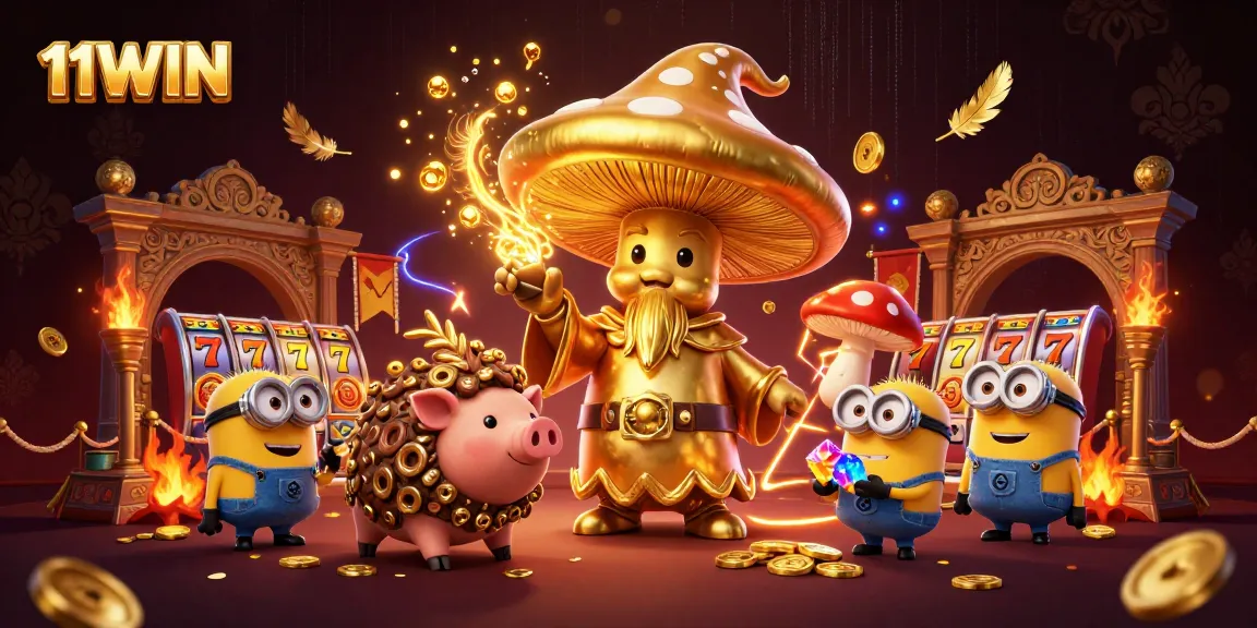 11WIN captures thrilling casino adventures with golden wizard, treasure, and slot motifs