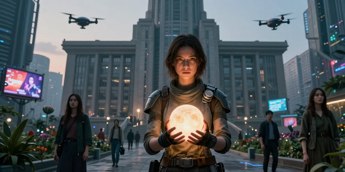 Young woman in a dystopian future, symbolizing emotions banned amidst a backdrop of emotional suppression and rebellion.