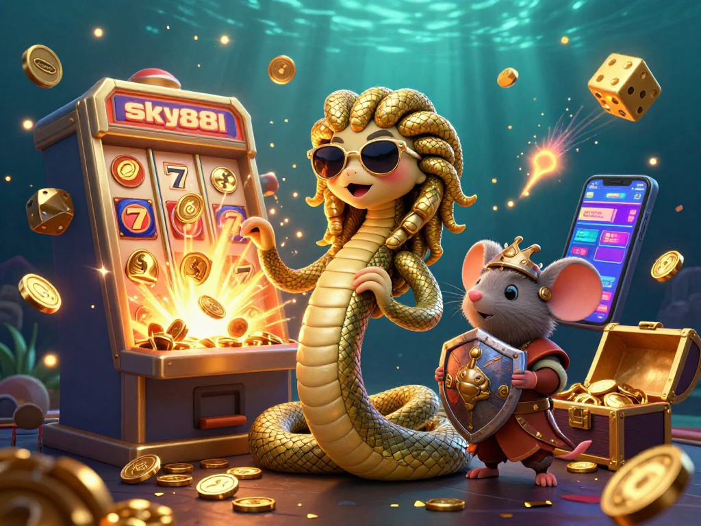 Experience thrilling wins at sky88li with a dynamic casino scene featuring Medusa and warrior mouse amid jackpot excitement.