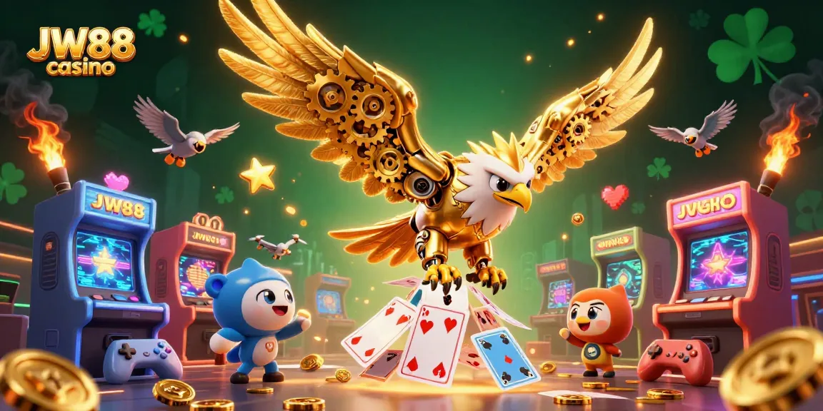 Experience thrilling action at JW88 casino with the golden eagle soaring through vibrant holographic cards.