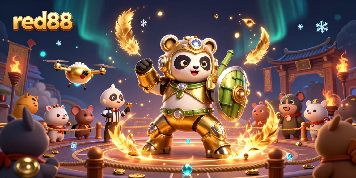 Experience thrilling gaming action at red88 with a mech-suit panda in a vibrant gambling arena.