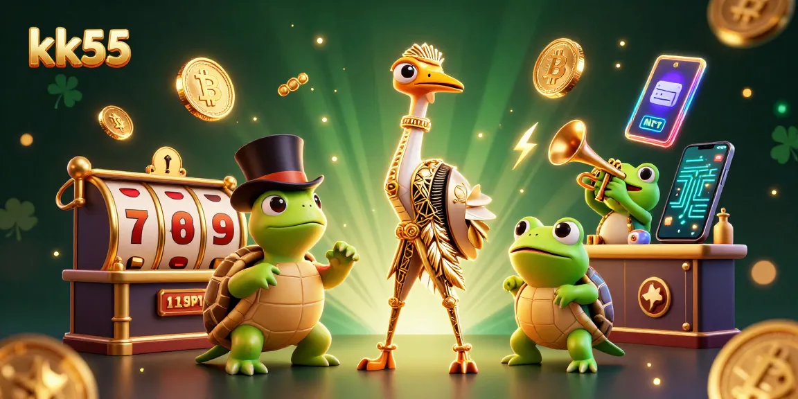 Engage in thrilling gameplay at kk55 with vibrant slot machines and neon crypto coins lighting up the fun.