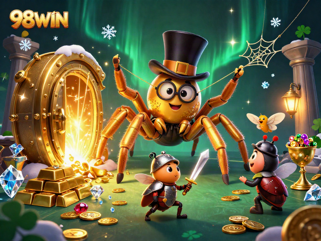 Join the 98WIN adventure with a golden tarantula and beetle knight in a vibrant casino scene.