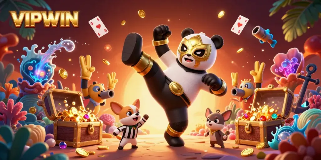 Experience the excitement of VIPWIN with an action-packed wrestling scene featuring animal characters and vibrant casino elements.