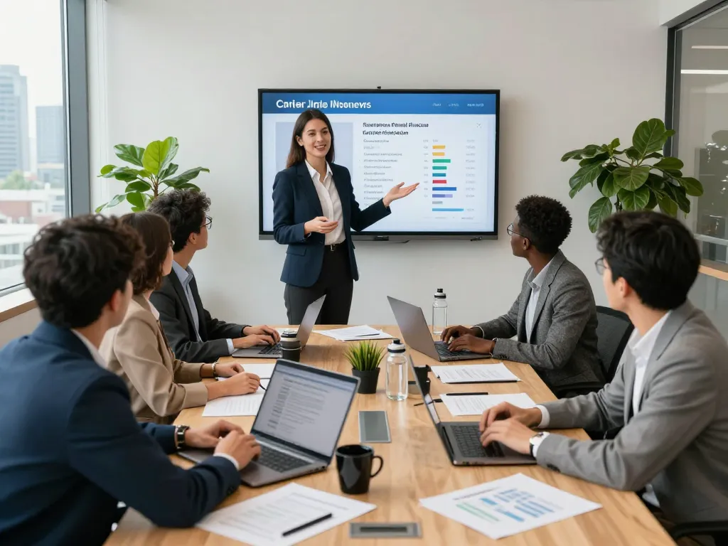 Diverse professionals collaborating on temporary staffing agencies solutions in a modern office setting with city skyline.