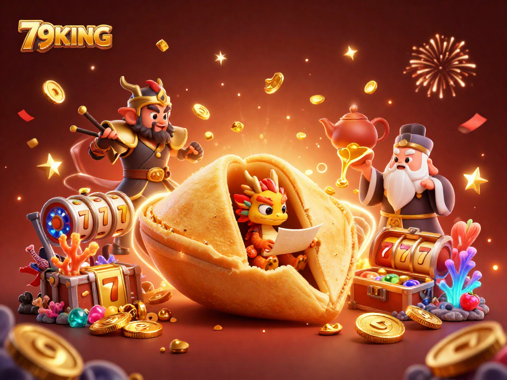 Engage in gaming action with 79KING as golden treasures and dynamic symbols come alive in this vibrant casino scene.