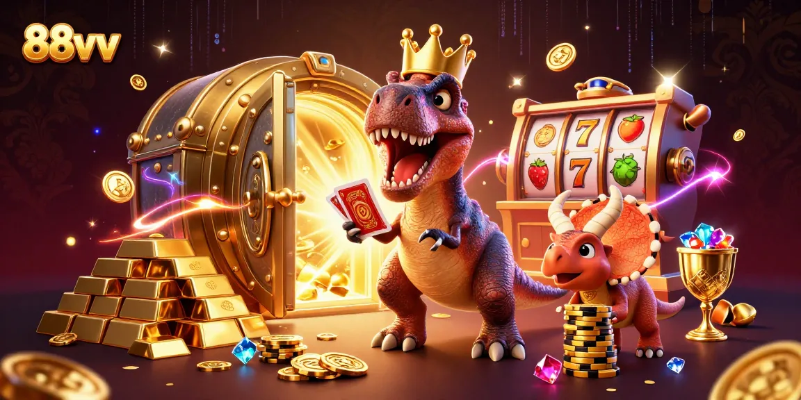 Engage with 88vv's dynamic casino scene featuring a T-Rex shuffling cards, pterodactyl assistant, and triceratops stacking chips.