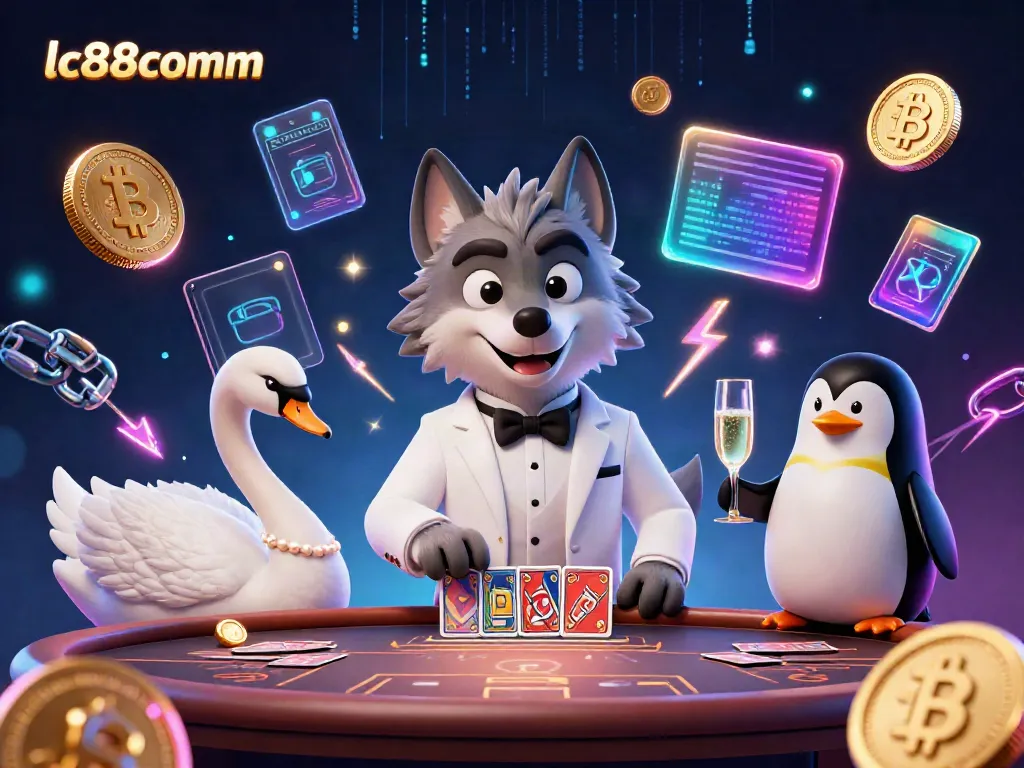 lc88comm showcases a thrilling baccarat scene with a wolf, swan, and penguin portraying elegance and excitement in the casino.