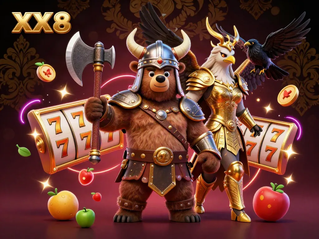 Experience the thrill of winning with XX 8 in this dynamic 3D casino illustration featuring vibrant slot elements.