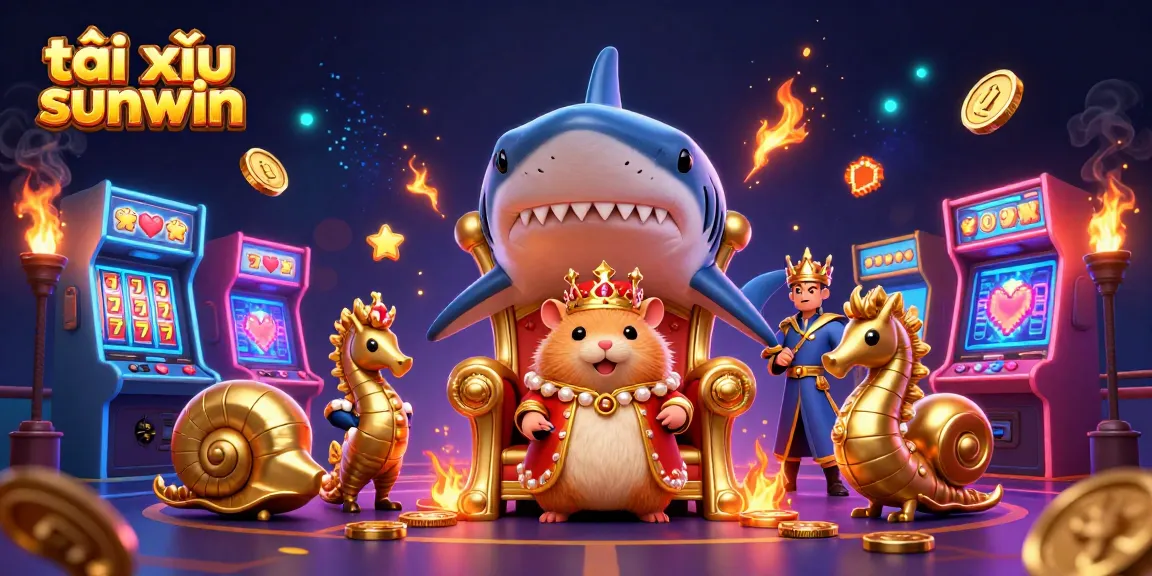 Engage with tài xỉu sunwin through a fierce golden hamster king surrounded by vibrant casino-themed gaming elements.