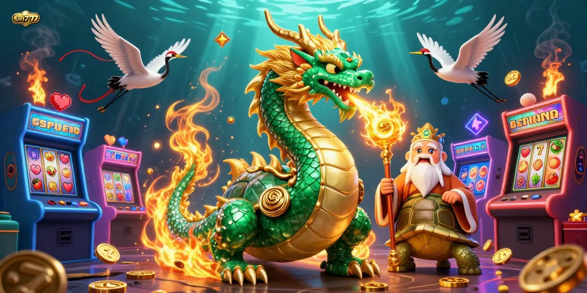 Experience the excitement of sm777's dynamic casino scene with a jade dragon and lucky symbols.