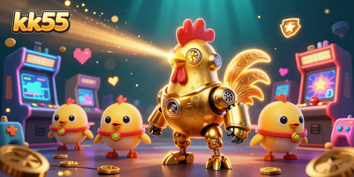 Engage in exciting gameplay with kk55's vibrant gaming elements featuring a golden rooster robot!
