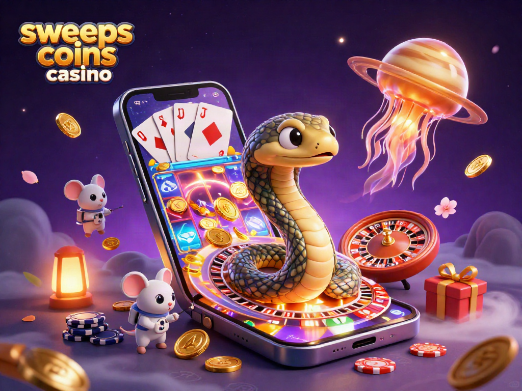 Sweeps coins casino scene with cosmic dealer jellyfish and astronaut mice engaging in bets.