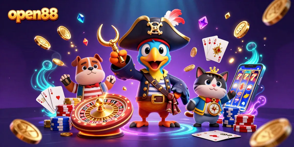 Spin and win at open88 with a vibrant 3D illustration showcasing a pirate captain, bulldog, and cat with casino elements.