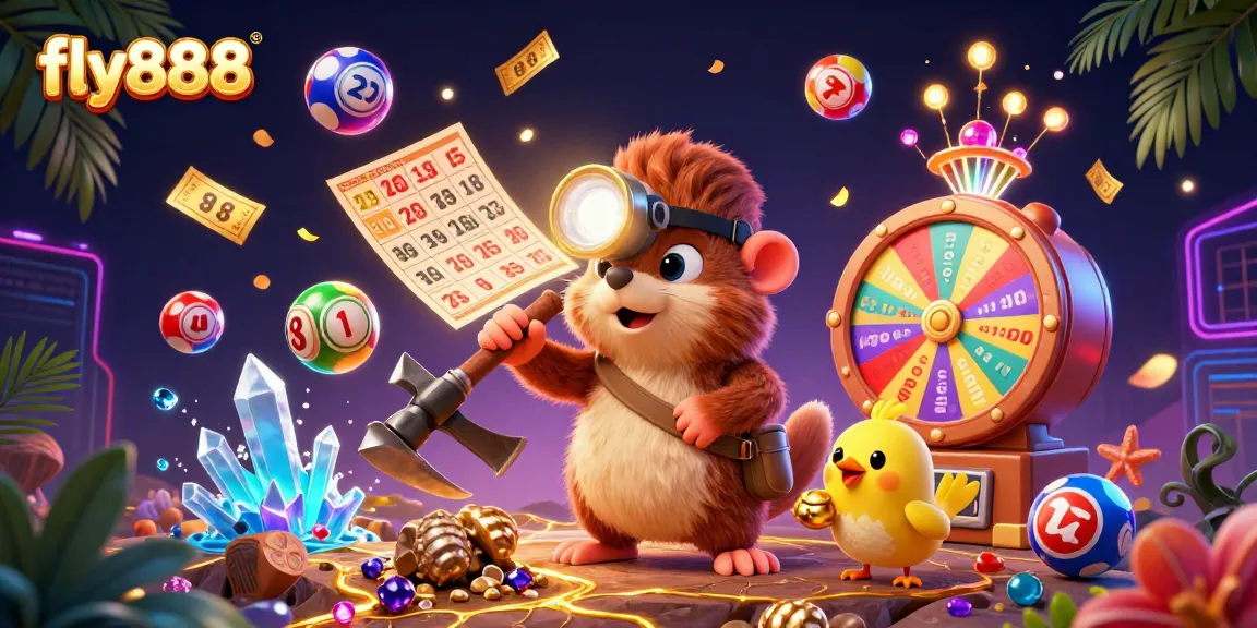 Join the adventure of fly888 as the treasure hunter mole digs gold amidst vibrant gambling elements.