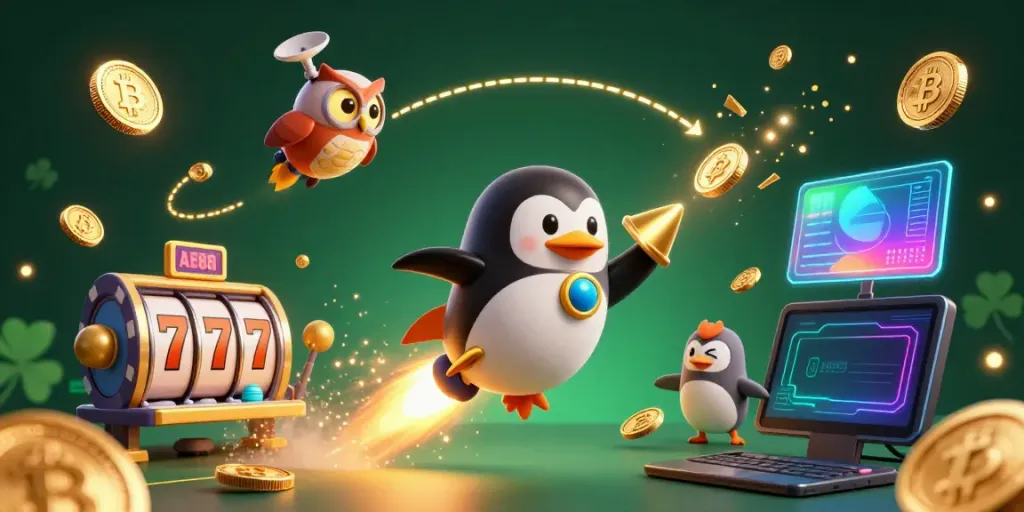 Experience the thrill of AE888 with a dynamic scene of a penguin and casino elements!