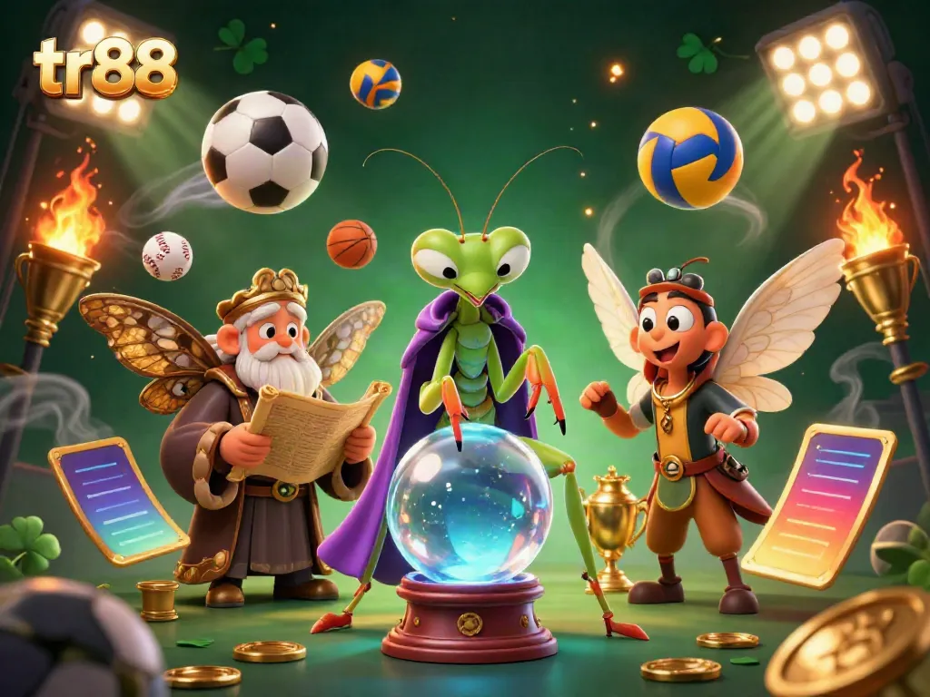 Experience the excitement of tr88 with a mystical fortune teller and sports elements in a dynamic casino scene.