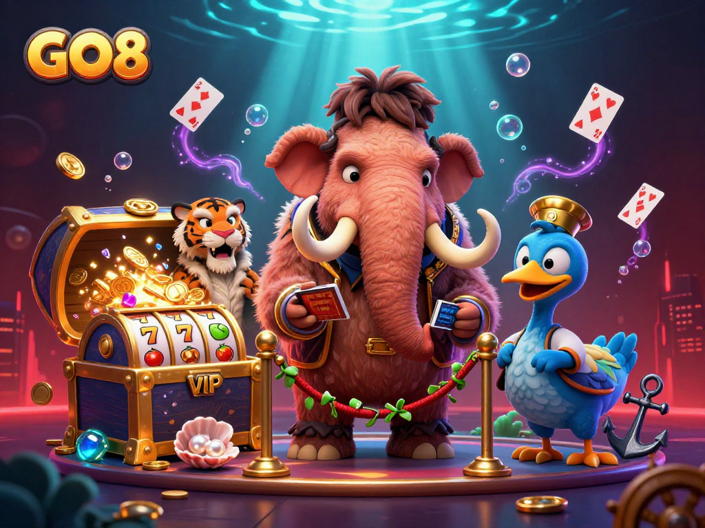 Engage with GO8’s dynamic casino adventure featuring a mammoth bouncer and vibrant game elements.