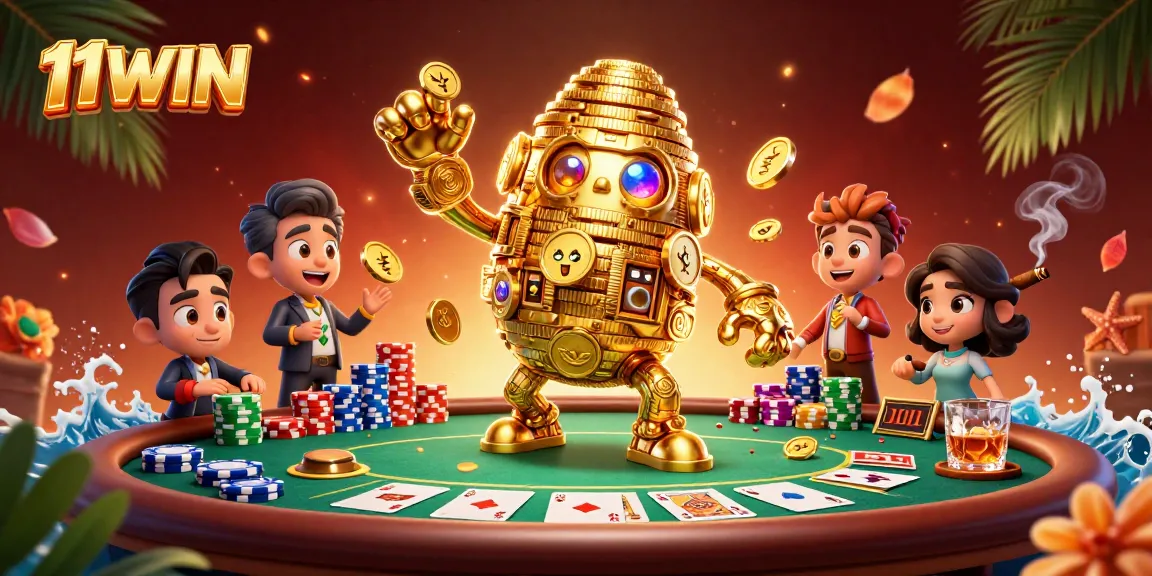 Experience the thrill of poker with 11WIN's immersive golden golem and vibrant casino scene.