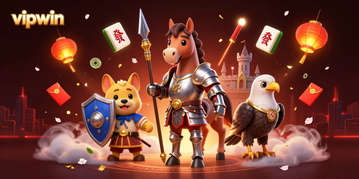 Experience the thrill of vipwin gaming with a knight, squire puppy, and falcon in an illustrated casino adventure.