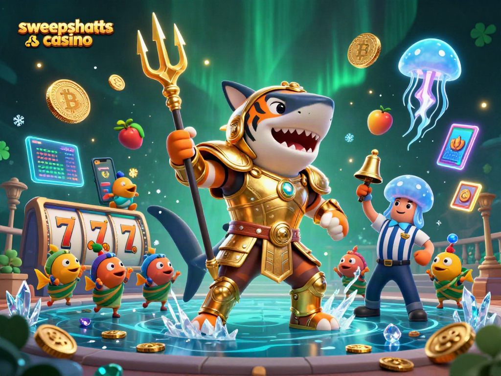 Experience the excitement of sweepstakes casino gaming with dynamic slot reels and crypto elements.