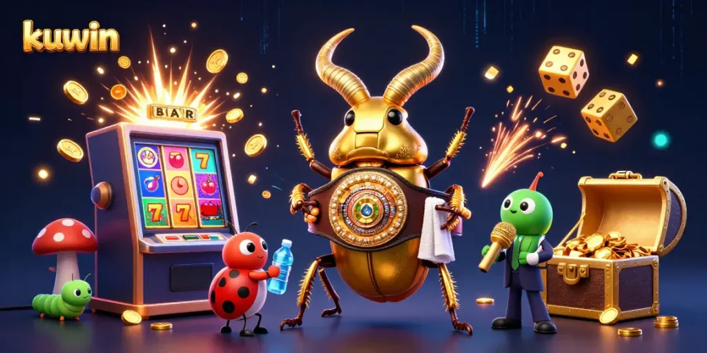 Join the excitement at kuwin's dynamic casino scene featuring vivid gaming elements and lively characters.
