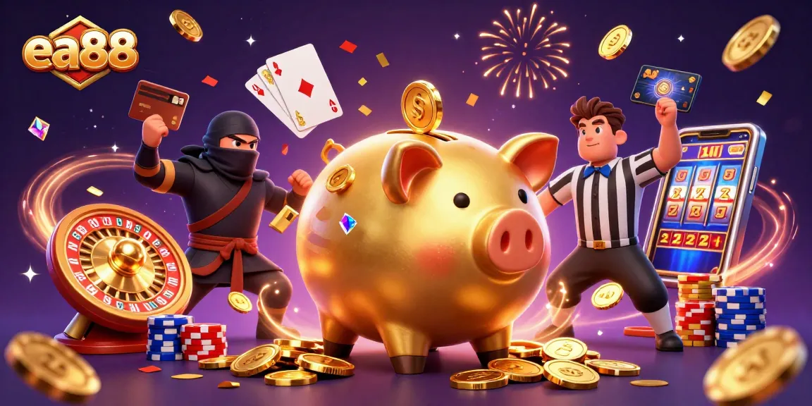 ea88's animated casino showdown with a giant piggy bank, coin showers, and vibrant game elements.