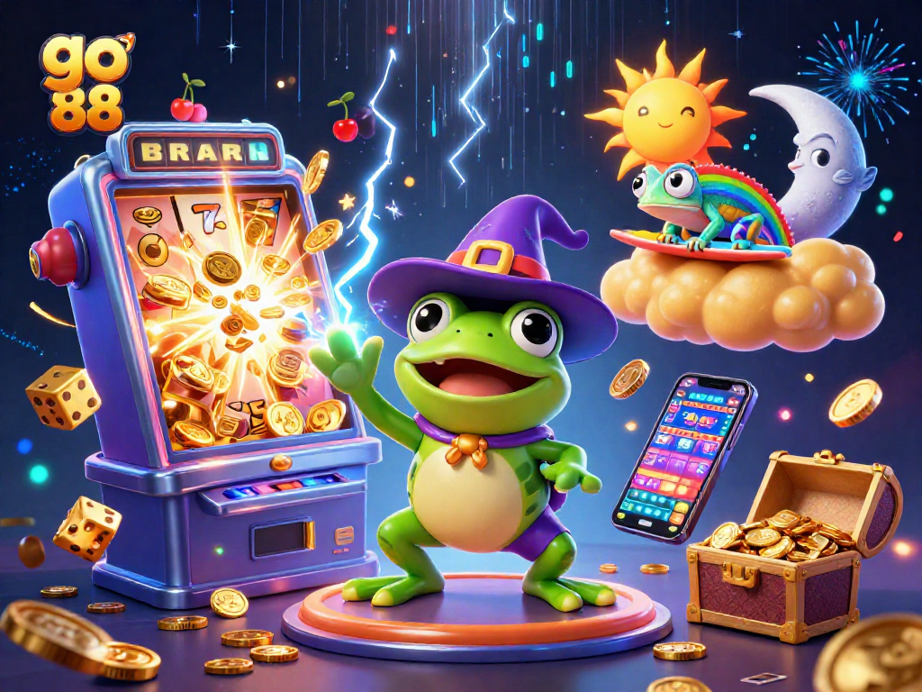 Experience the thrill of go 88 as the cartoon wizard frog conjures golden coin storms amidst a vibrant casino scene.