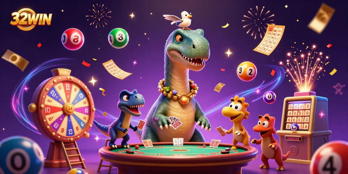 32WIN showcases thrilling gambling action with a playful brontosaurus and clever raptor in a vibrant casino