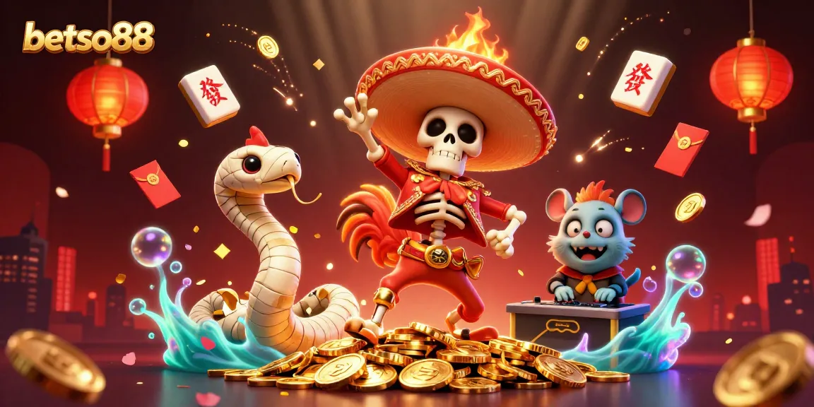 Experience the excitement of betso88 with vibrant characters celebrating amidst golden casino fortunes.