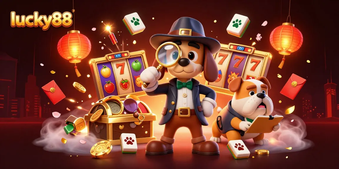 Experience the thrill of lucky88 with a detective exploring golden poker chips in an energetic casino scene.