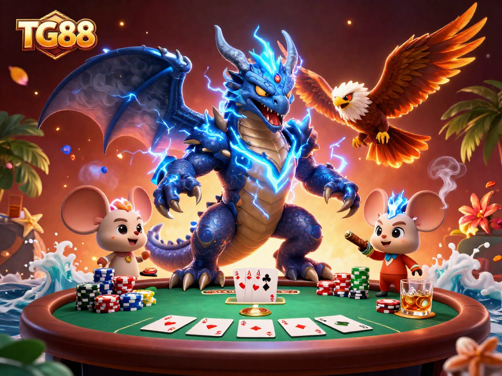 Join the excitement at TG88 with our thrilling poker scene featuring dynamic characters and vibrant casino elements.