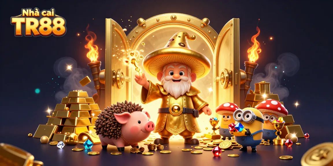 Engage with Nhà cái TR88's enchanting casino magic as a wizard transforms gold, surrounded by treasures.